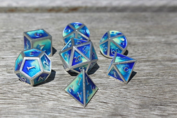 metal water dice blue and silver